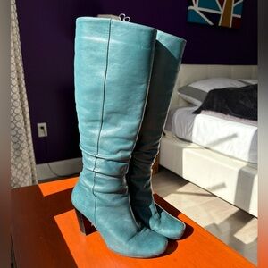 Women’s Teal Leather Knee-High Heeled Boots